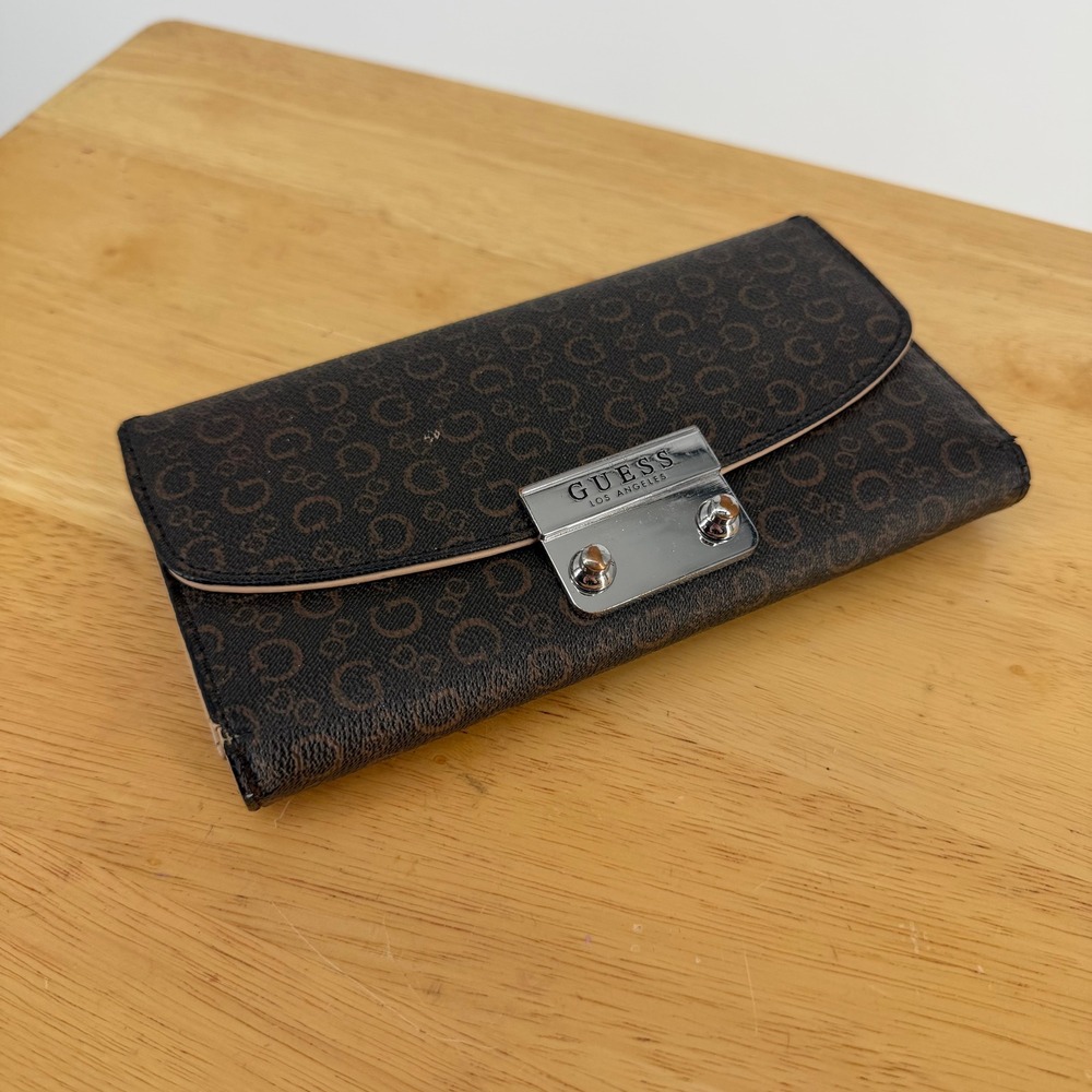 Guess Wallet Womens OS Brown Monogram Logo Slim Clutch Designer Classic Luxury